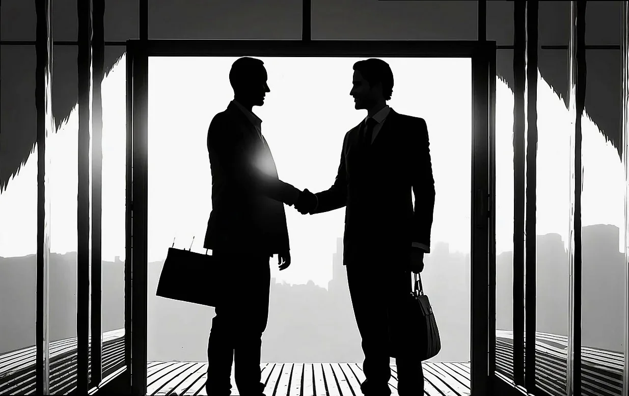 business, businessmen, office, deal, handshake, partnership, people, silhouette, window, black, briefcase, ai generated,